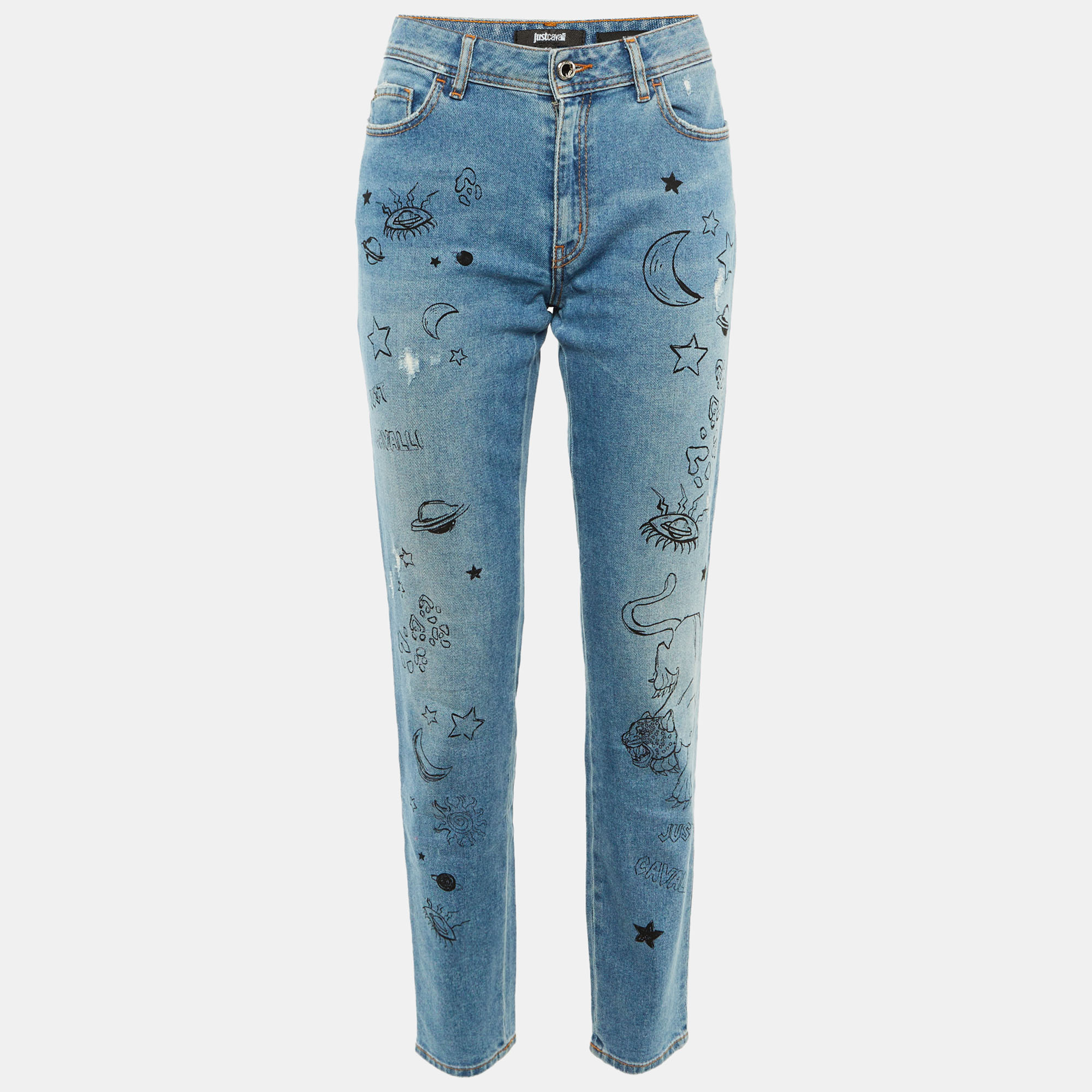 Pre-owned Just Cavalli Blue Doodle Print Denim Slim Fit Jeans M/waist 30"
