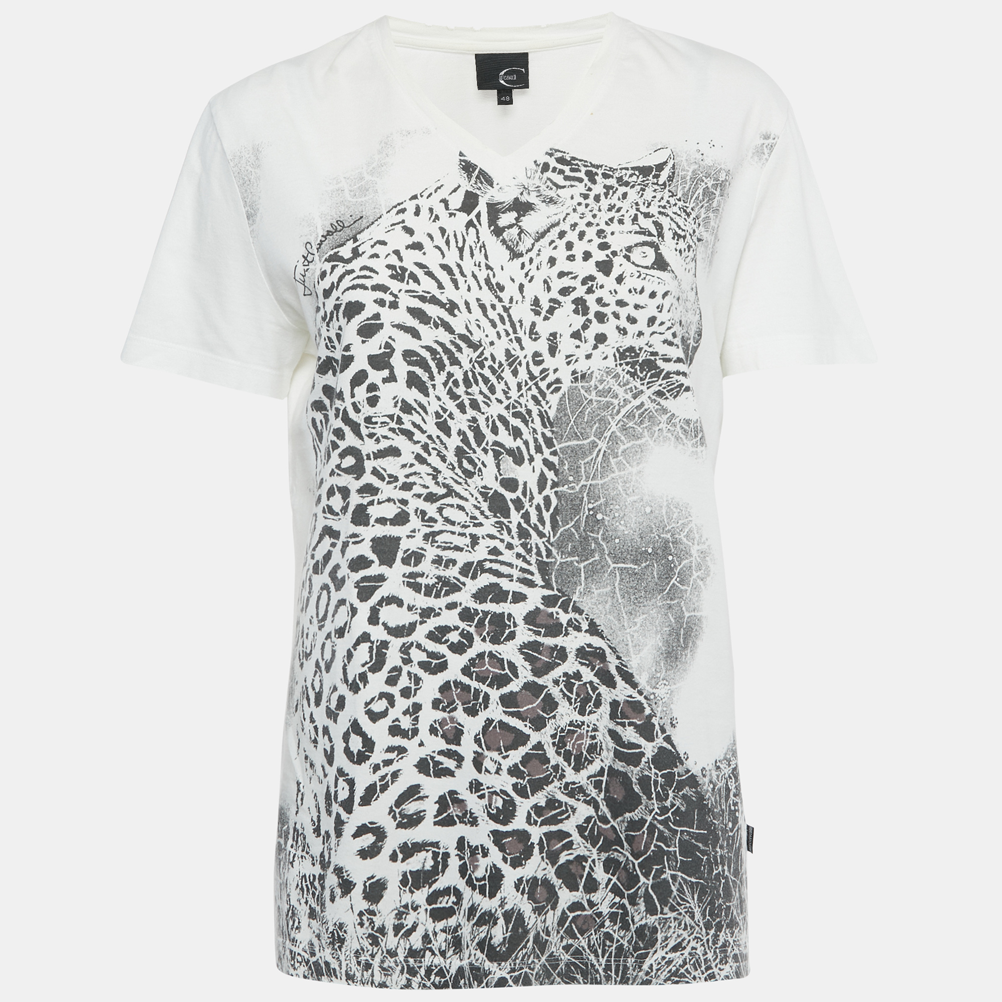 Pre-owned Just Cavalli White Printed Cotton Distressed V-neck T-shirt L