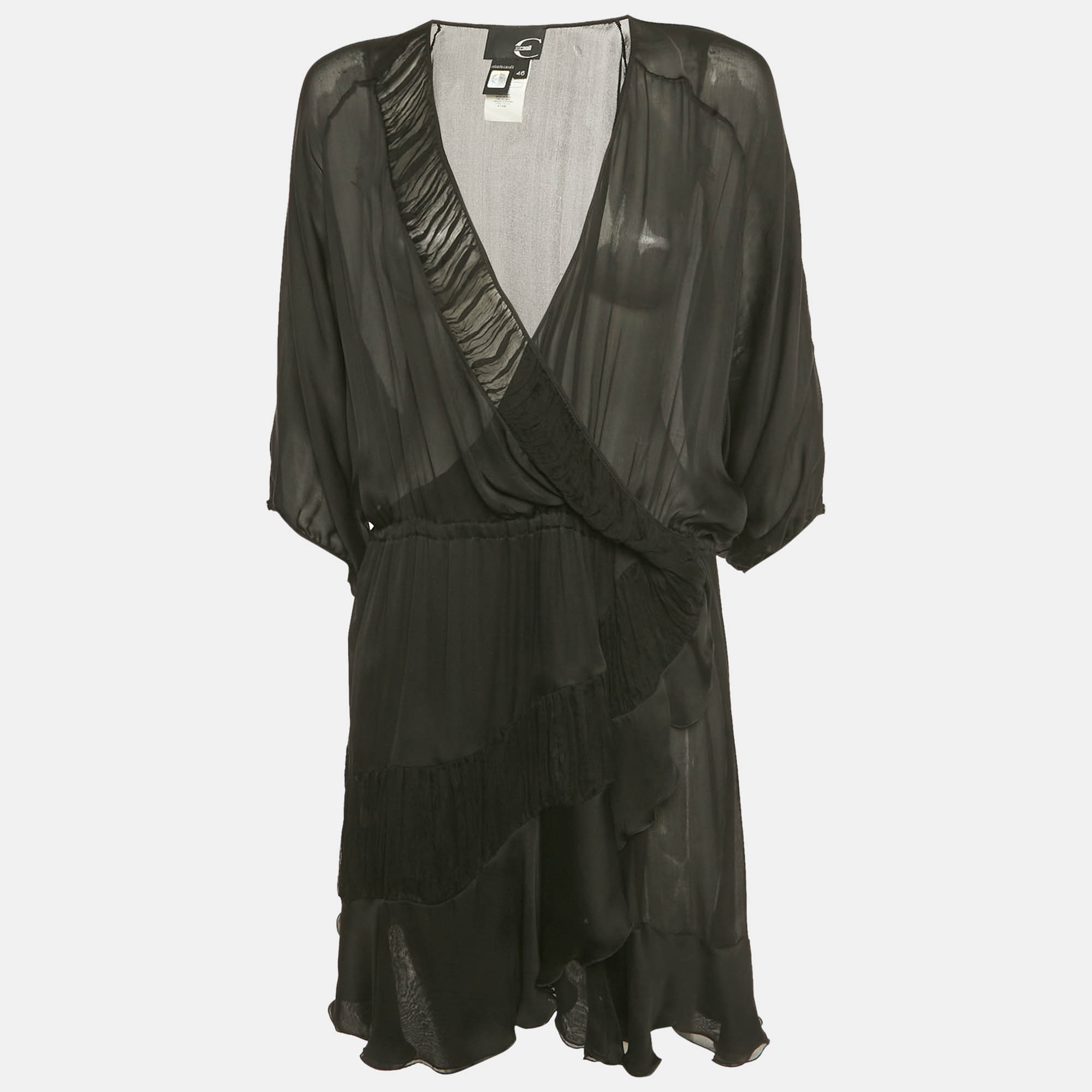 Pre-owned Just Cavalli Black Silk Ruffled Mini Dress L
