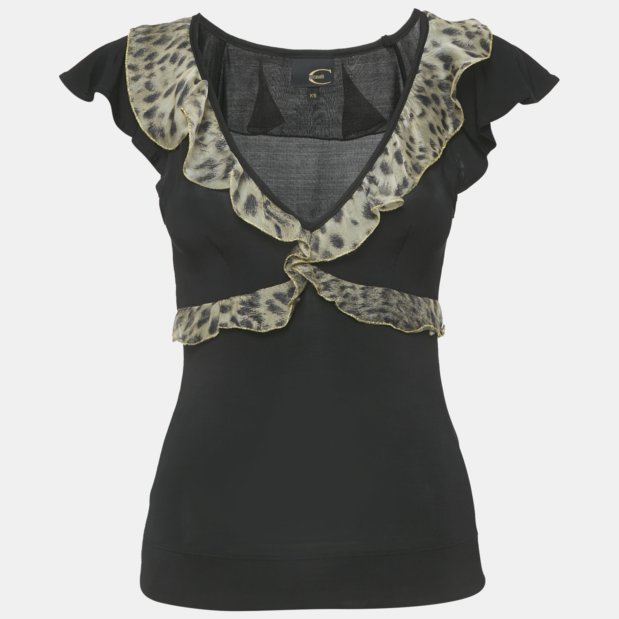 

Just Cavalli Black Animal Print Frill Detail Jersey Top XS, Beige