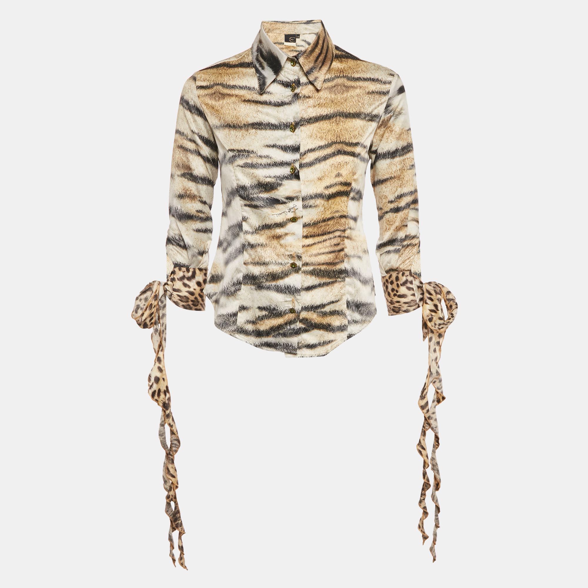 Pre-owned Just Cavalli Brown /black Animal Print Satin Tie Up Sleeves S