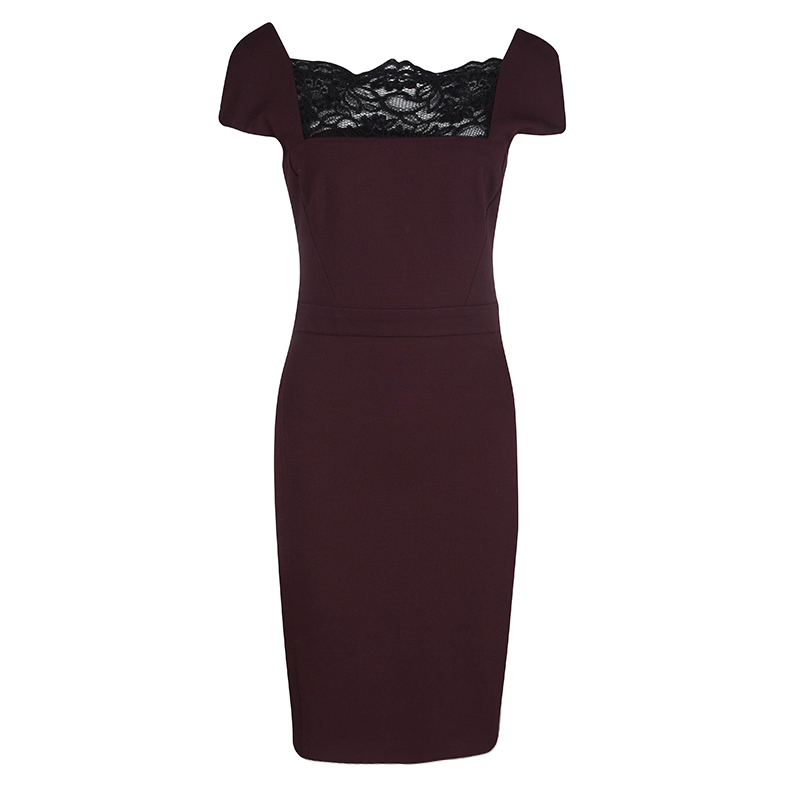 Pre Owned Just Cavalli Burgundy Contrast Lace Neck Trim Detail Cap Sleeve Dress M
