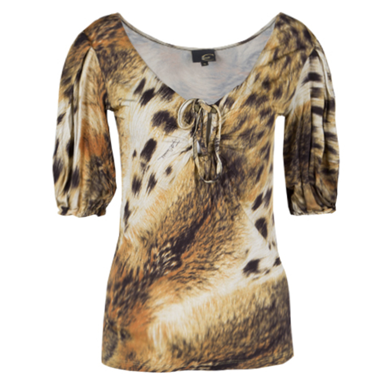 Pre Owned Just Cavalli Animal Print Tie Detail Gathered Sleeve Top S