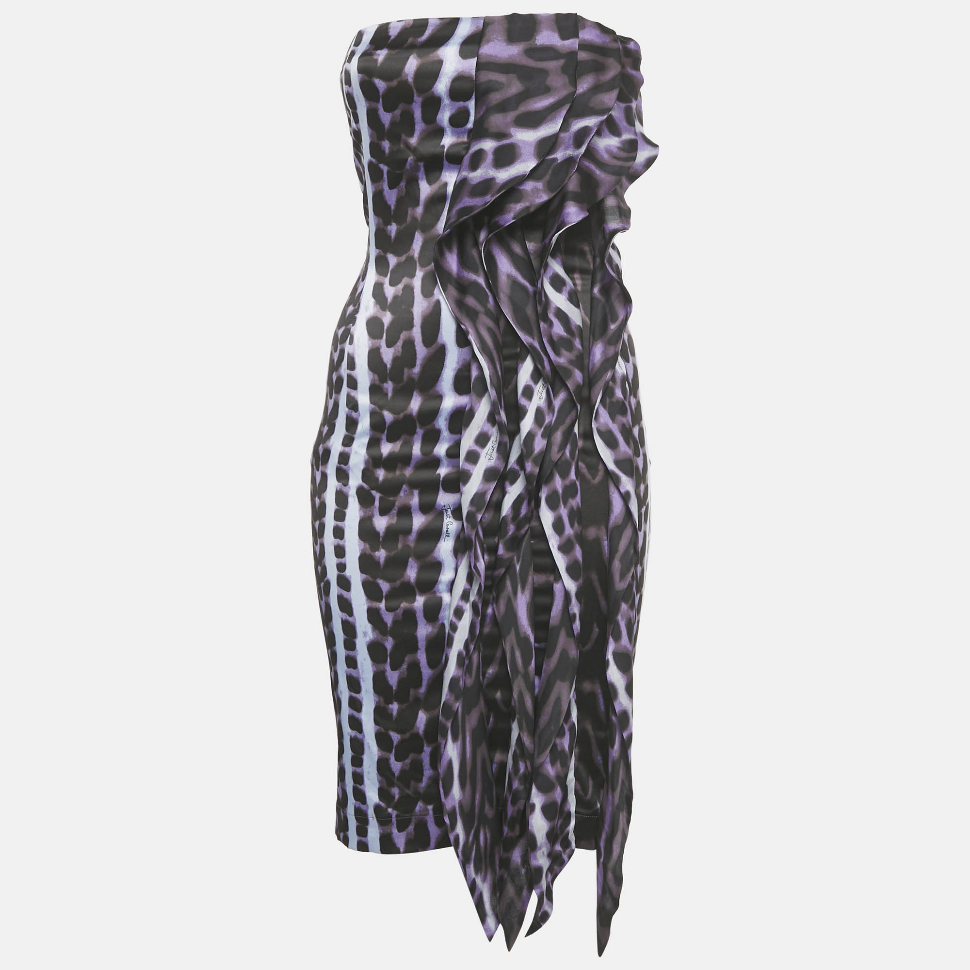 

Just Cavalli Purple Leopard Print Stretch Satin Strapless Dress S