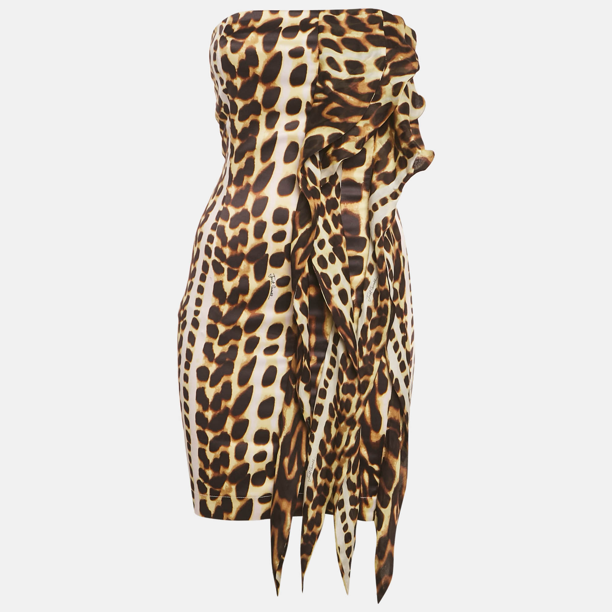 

Just Cavalli Brown Leopard Print Satin Ruffled Tube Dress S, Tan