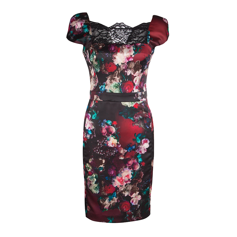 Pre Owned Just Cavalli Multicolor Floral Printed Satin Lace Neck Detail Sleeveless Dress S