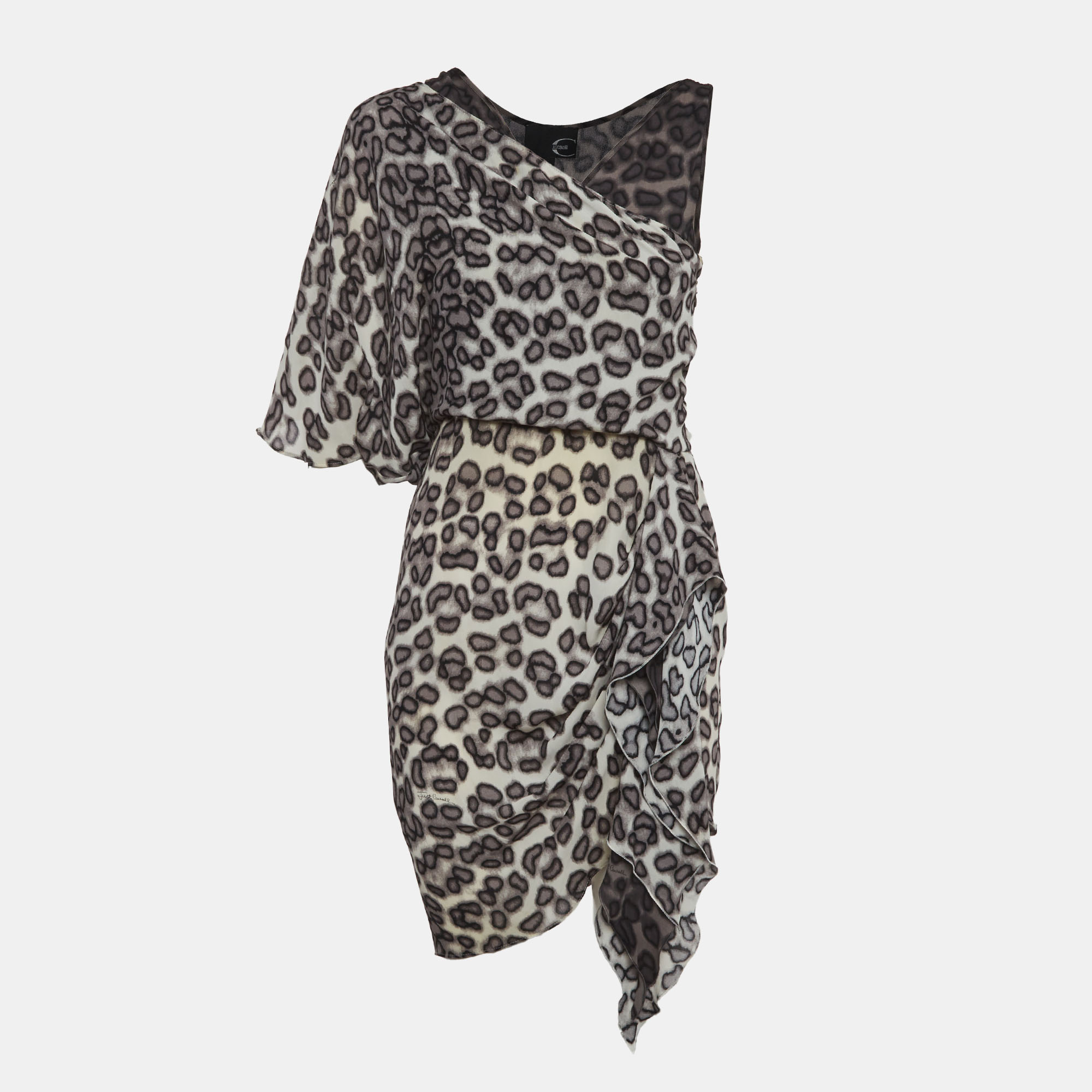 

Just Cavalli Leopard Print Crepe Asymmetric Mini Dress S, Grey