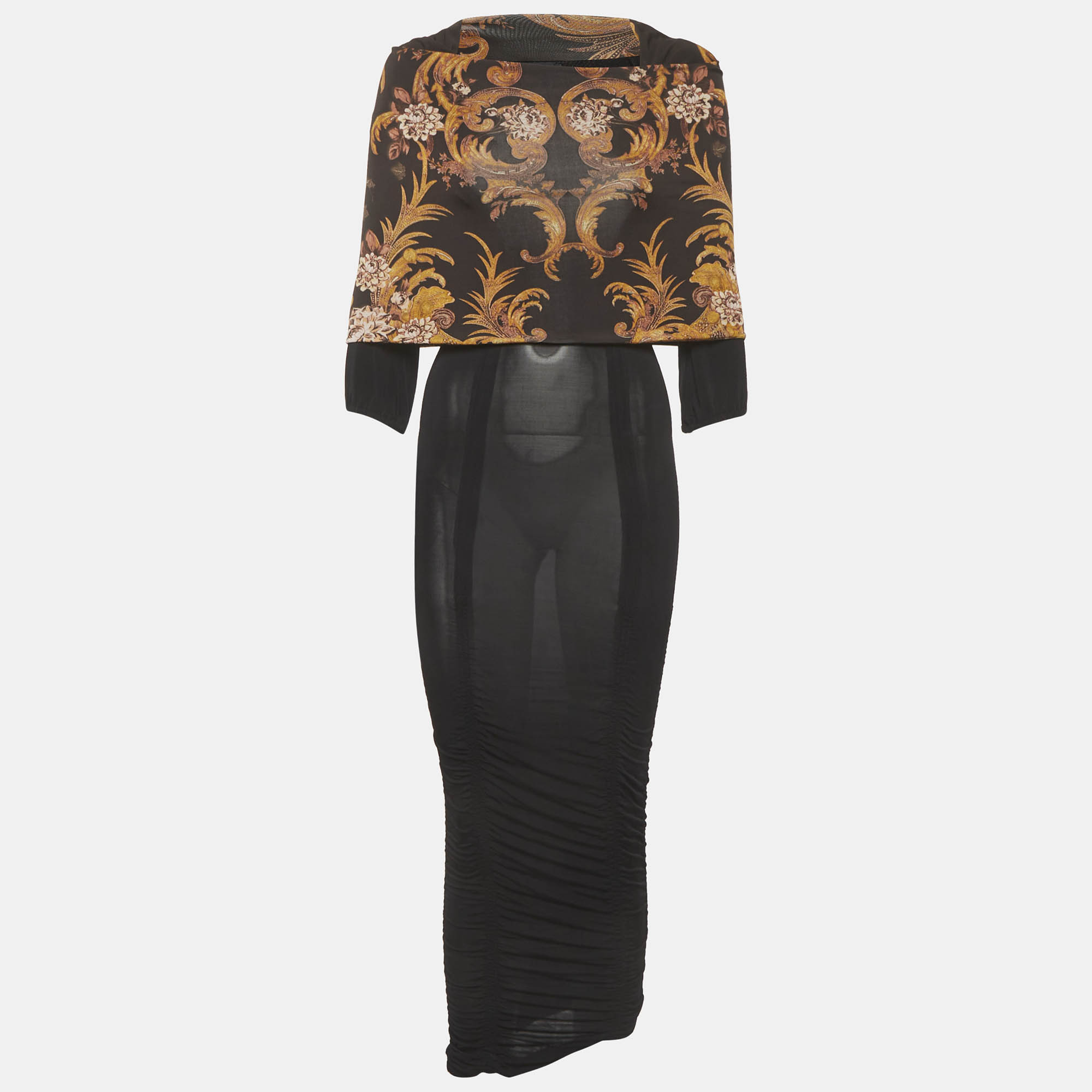 

Just Cavalli Black Floral Print Jersey Ruche Midi Dress S