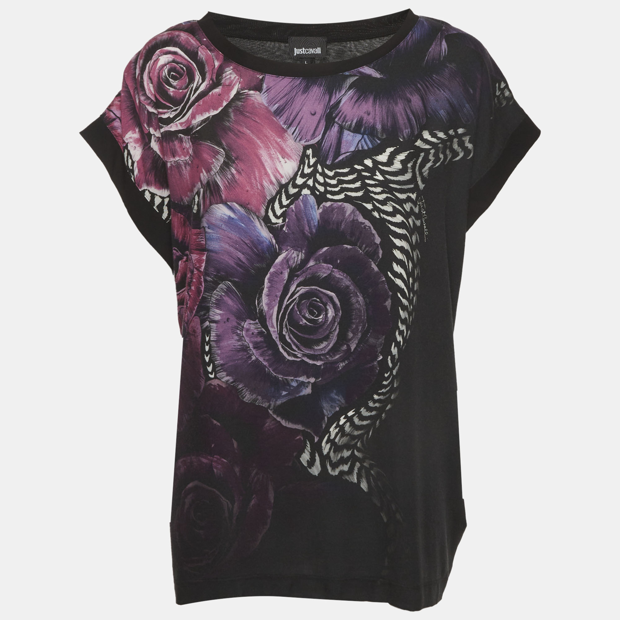 

Roberto Cavalli Black Floral Print Jersey T-Shirt L