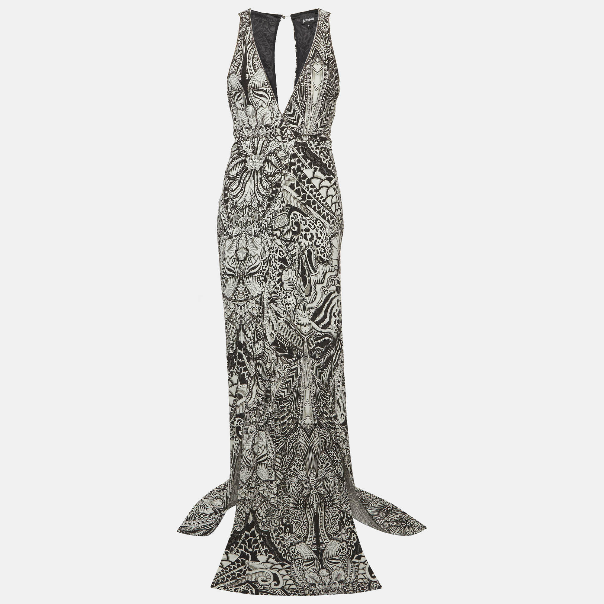 

Just Cavalli Black & White Printed Jersey Cut Out Detail Maxi Dress M
