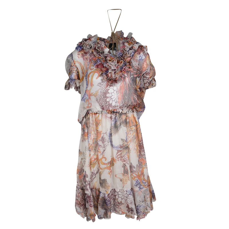 Pre Owned Just Cavalli Multicolor Floral Printed Ruffle Detail Silk Chiffon Dress S