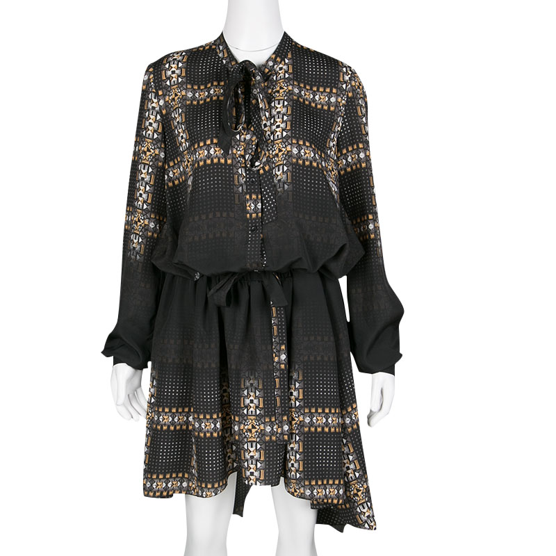 

Just Cavalli Black Geometric Print Belted Long Sleeve Dress