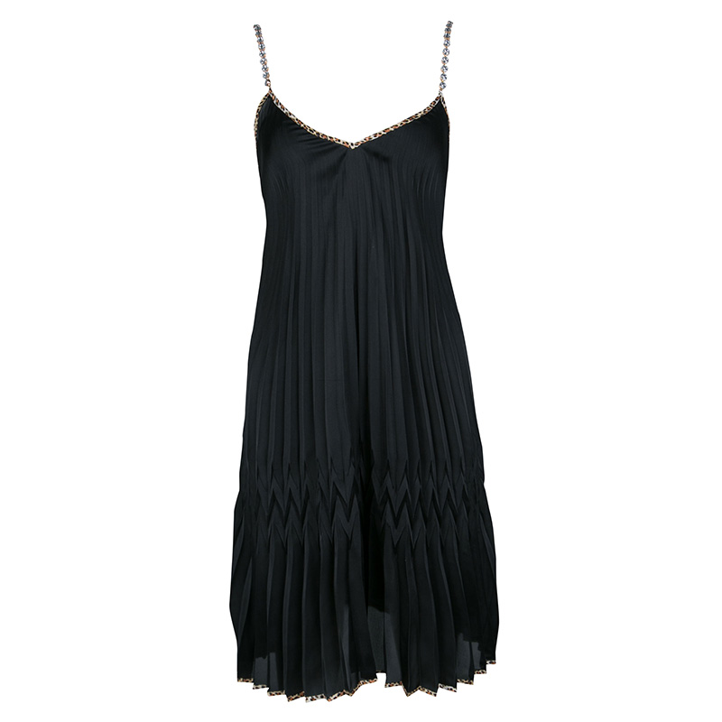 Pre Owned Just Cavalli Black Plisse Crystal Strap Slip Dress M