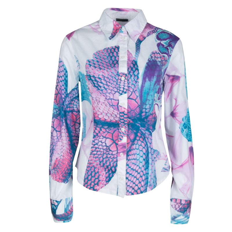 Pre Owned Just Cavalli White Printed Cotton Long Sleeve Shirt M