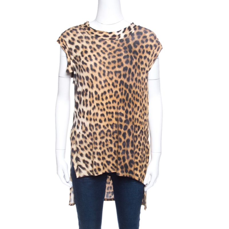 Just Cavalli Leopard Printed Jersey High Low Top M