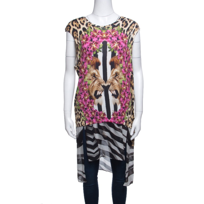 Pre Owned Just Cavalli Floral and Animal Printed Jersey High Low Sleeveless Tunic S