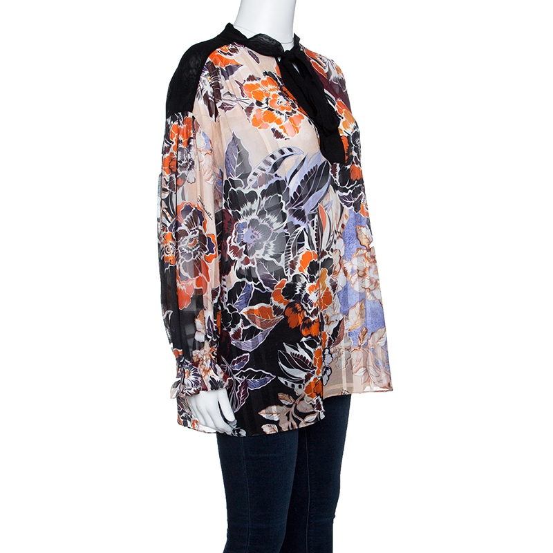 

Just Cavalli Multicolor Floral Printed Neck Tie Detail Oversized Top