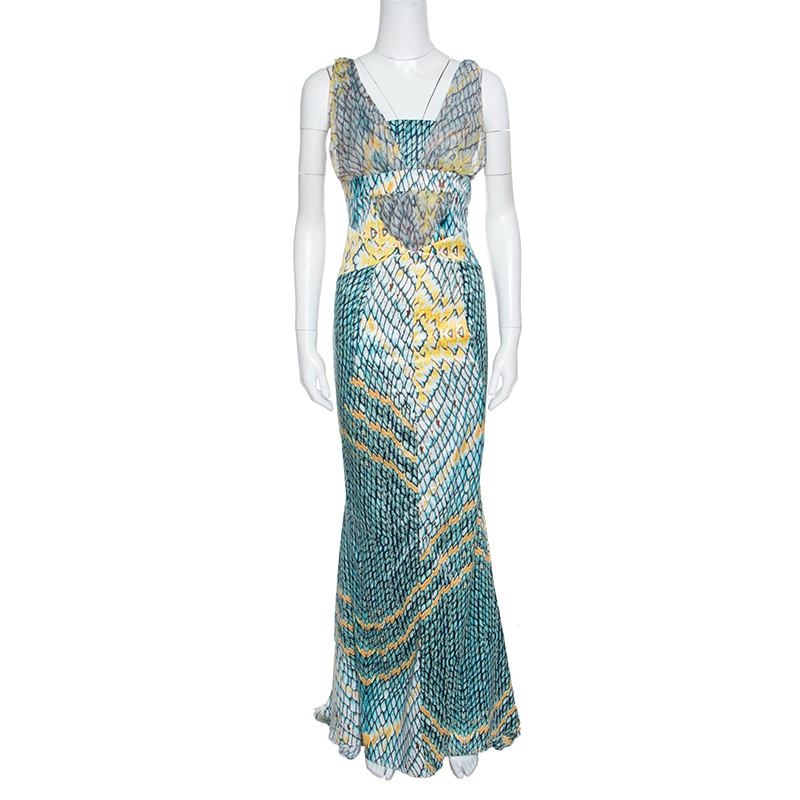 Just Cavalli Multicolor Snakeskin Print Flared Bottom Sleeveless Maxi Dress L