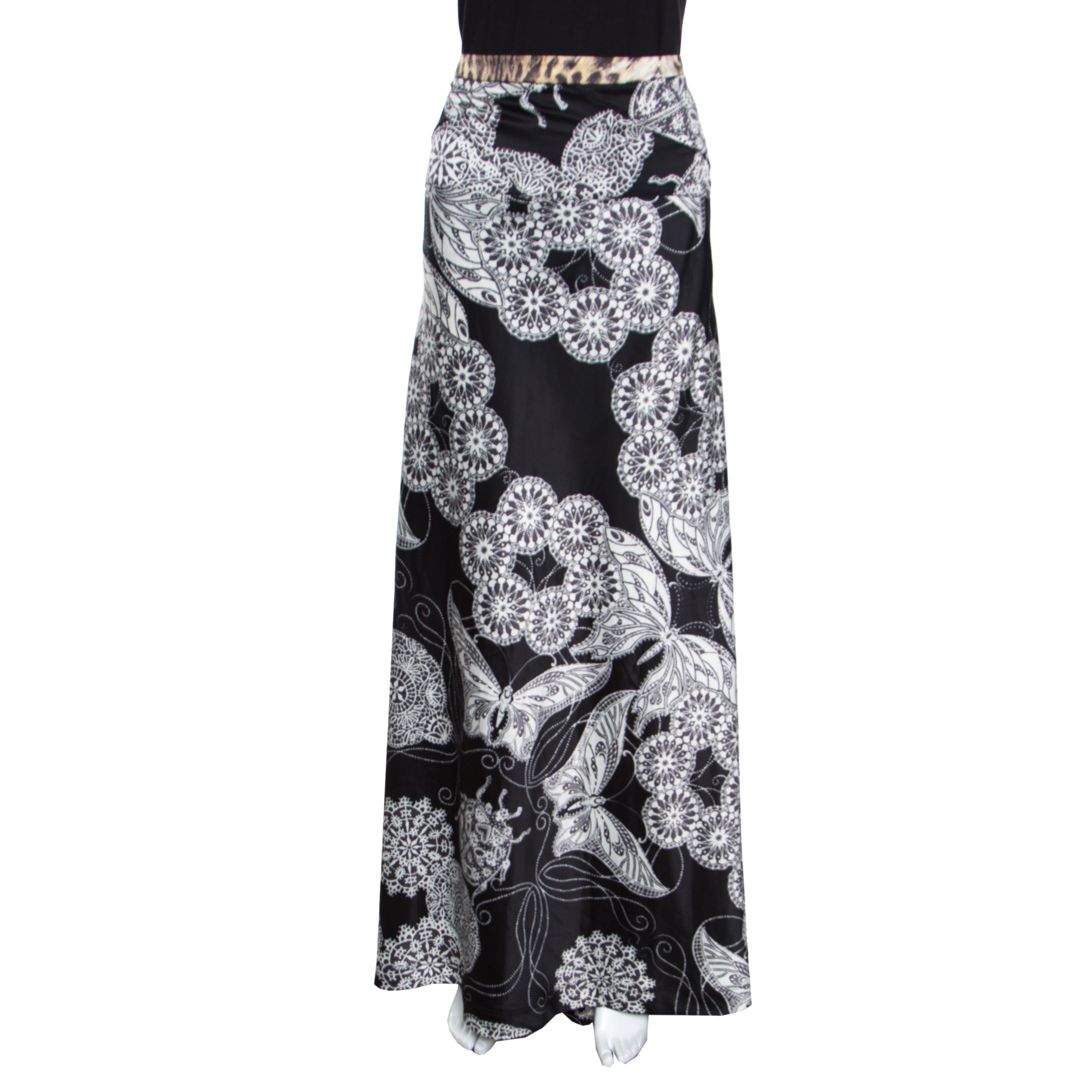 Pre Owned Just Cavalli Black Floral and Butterfly Printed Satin Flared Maxi Skirt M