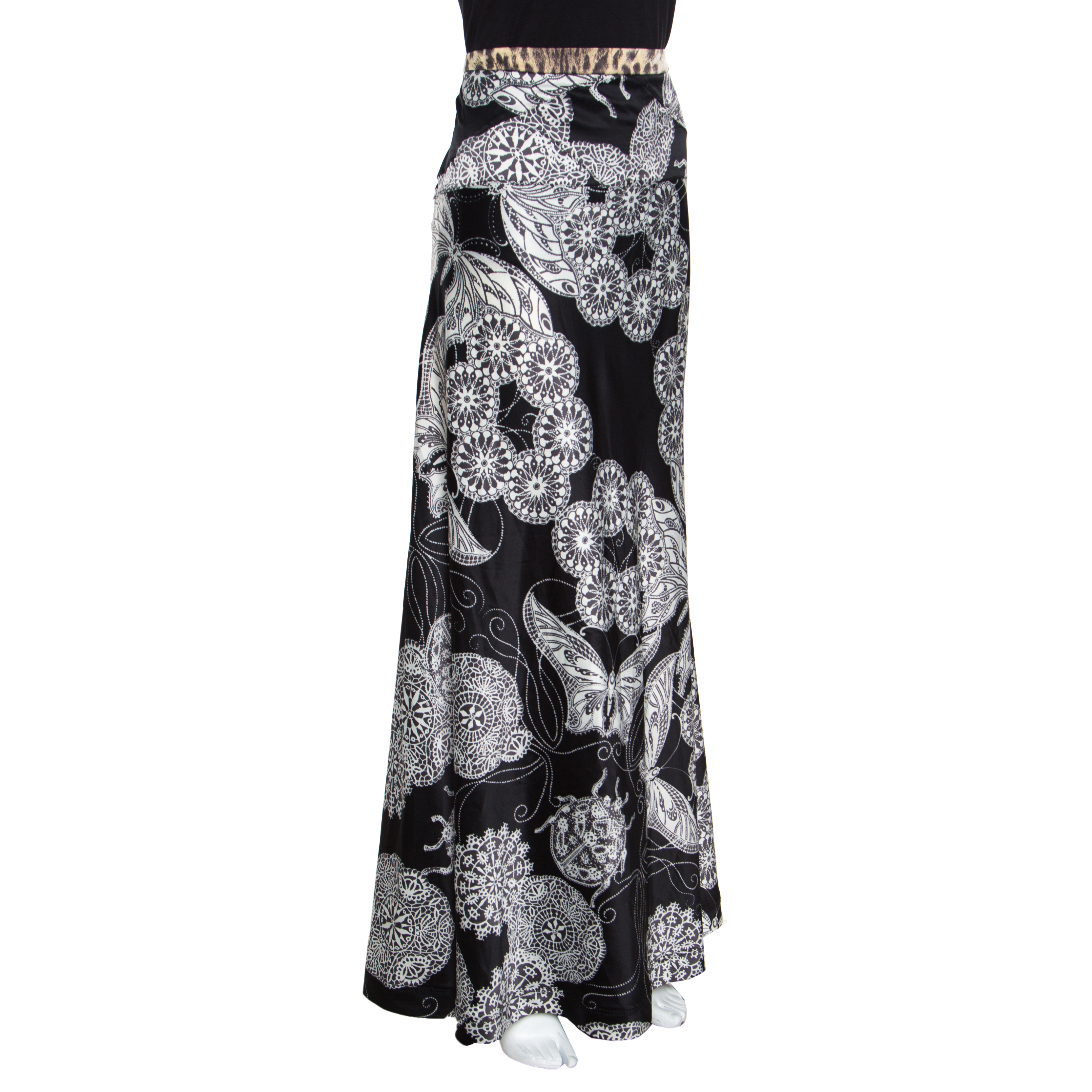 

Just Cavalli Black Floral and Butterfly Printed Satin Flared Maxi Skirt M