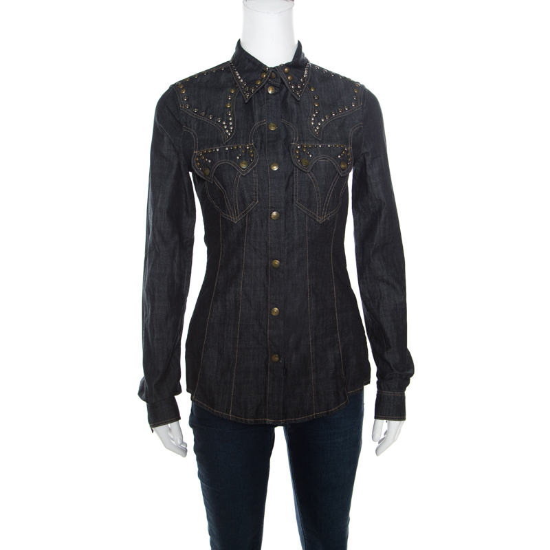 Pre Owned Just Cavalli Indigo Dark Wash Studded Denim Shirt S