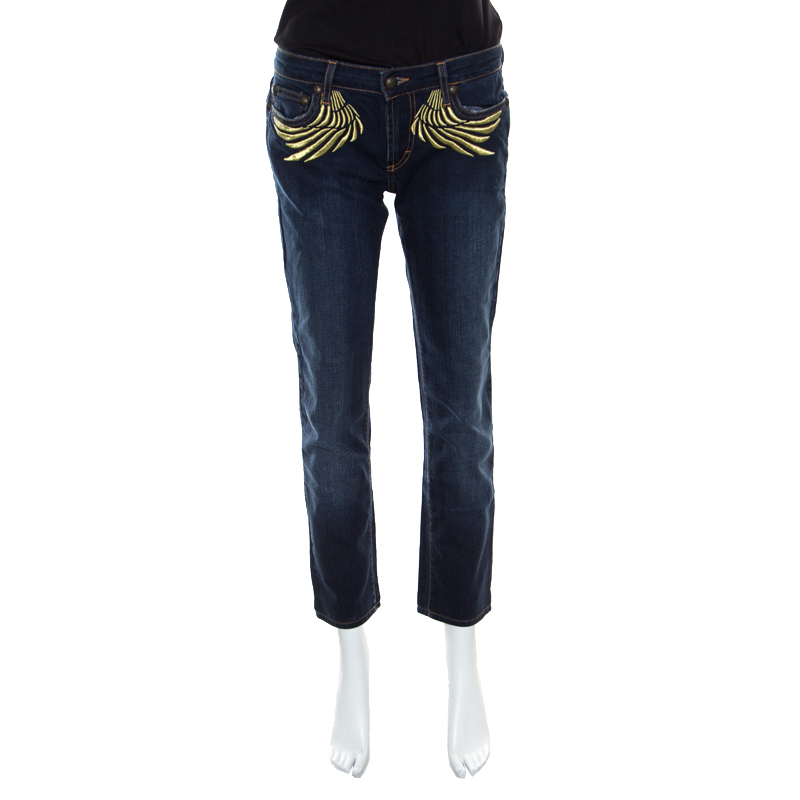 Pre Owned Just Cavalli Indigo Dark Wash Lurex Wings Embroidered Tapered Jeans M