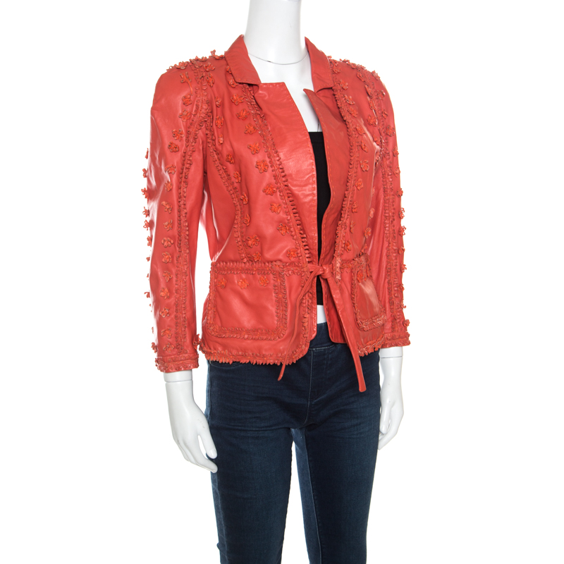 

Just Cavalli Red Floral Appliqued Leather Jacket