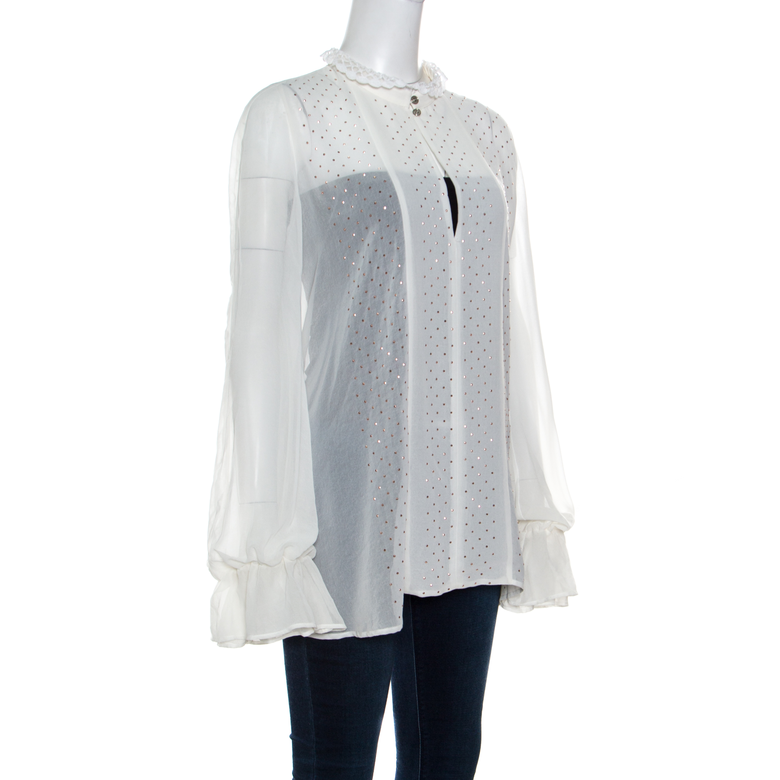 

Just Cavalli White Crepe Ruffled Cuff Lace Neck Trim Detail Studded Blouse