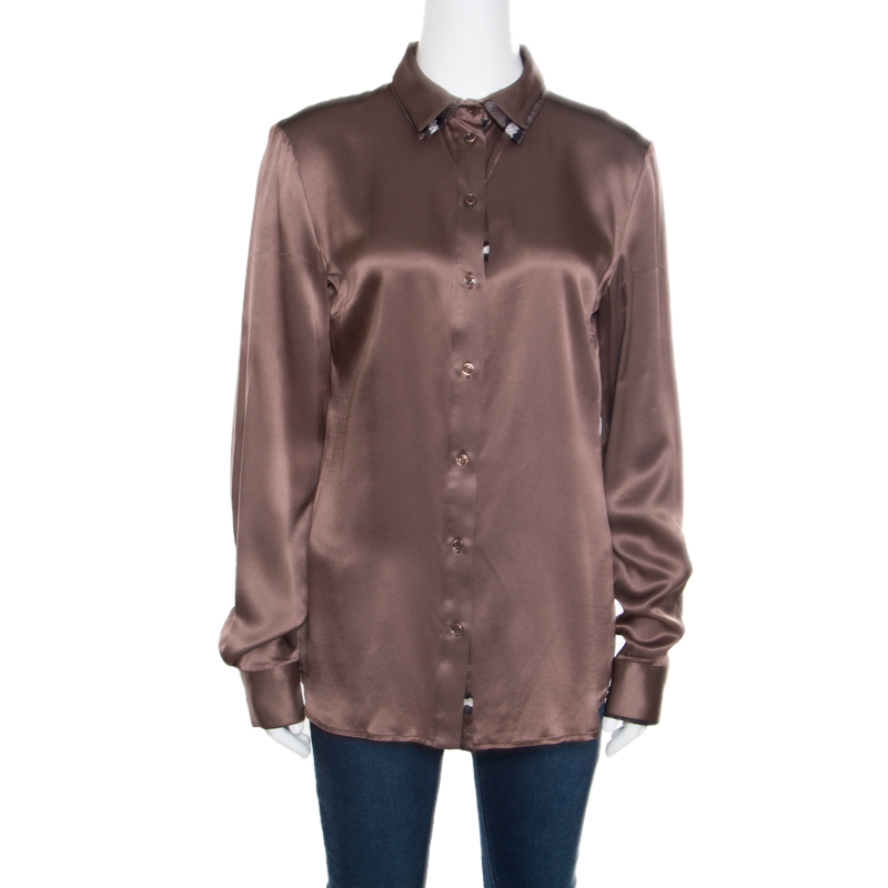Pre Owned Just Cavalli Brown Silk Satin Animal Printed Trim Long Sleeve Shirt M