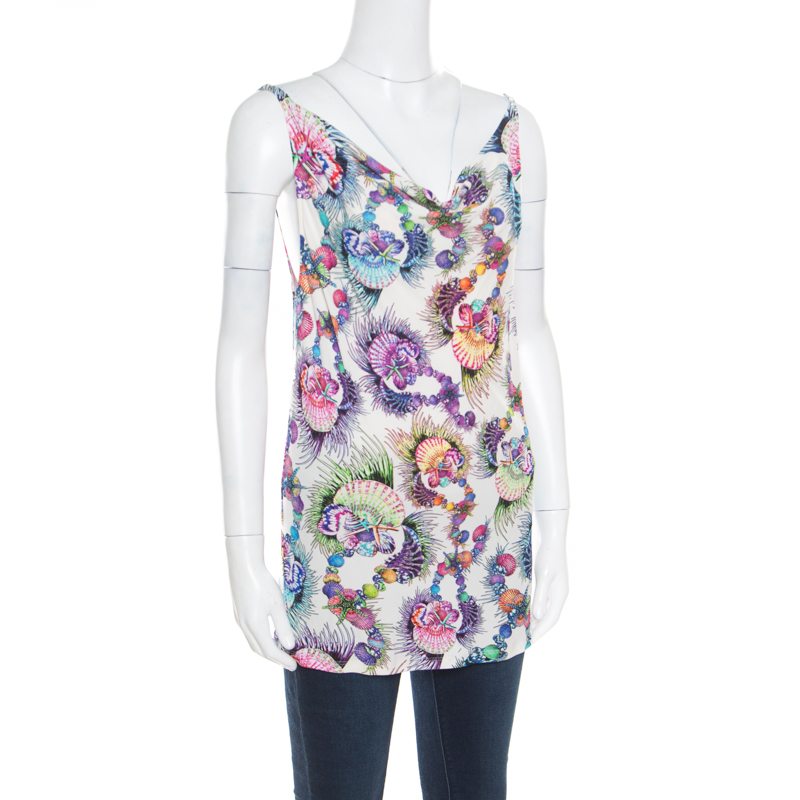 

Just Cavalli Multicolor Shell Printed Jersey Cowl Neck Sleeveless Top