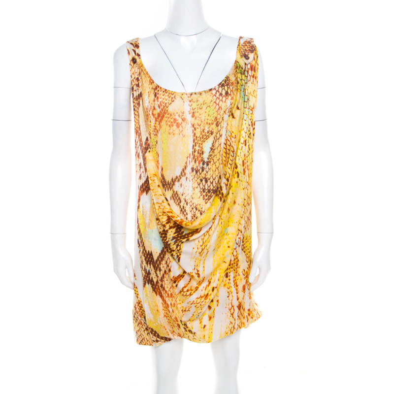 Just Cavalli Yellow Snake Skin Print Layered Cowl Neck Sleeveless Dress ...