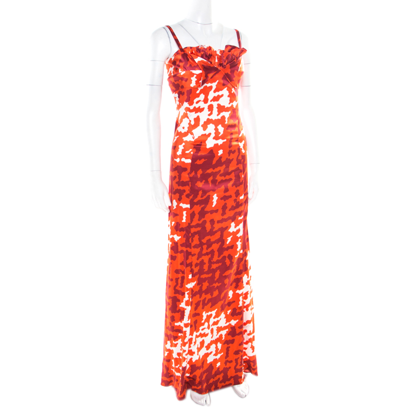 

Just Cavalli Orange Abstract Printed Pleated Bodice Detail Sleeveless Maxi Dress