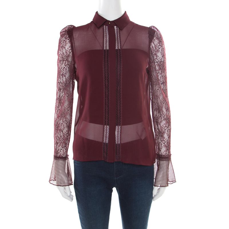 Pre Owned Just Cavalli Burgundy Floral Lace Insert Blouse S