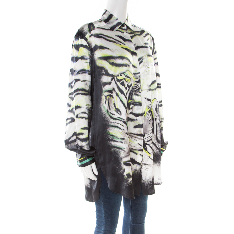 

Just Cavalli Tiger Printed Silk Long Sleeve Shirt Dress, Multicolor