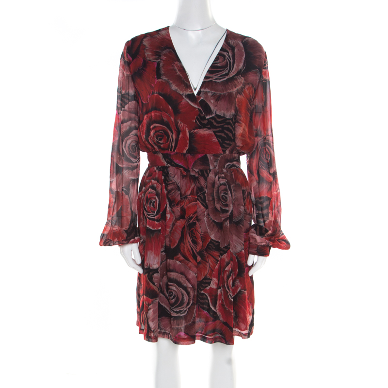 Pre Owned فستان جست كافالي بياقة واسعة نقوش ورد أحمر M