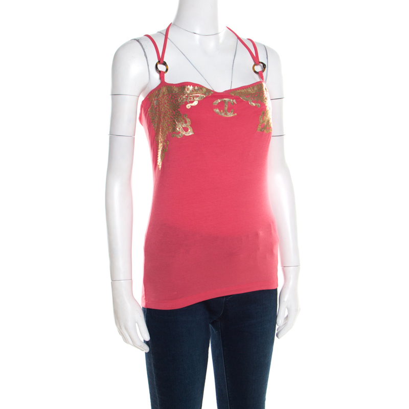 Pre-owned Just Cavalli Pink Jersey Metallic Rubber Print Tank Top S