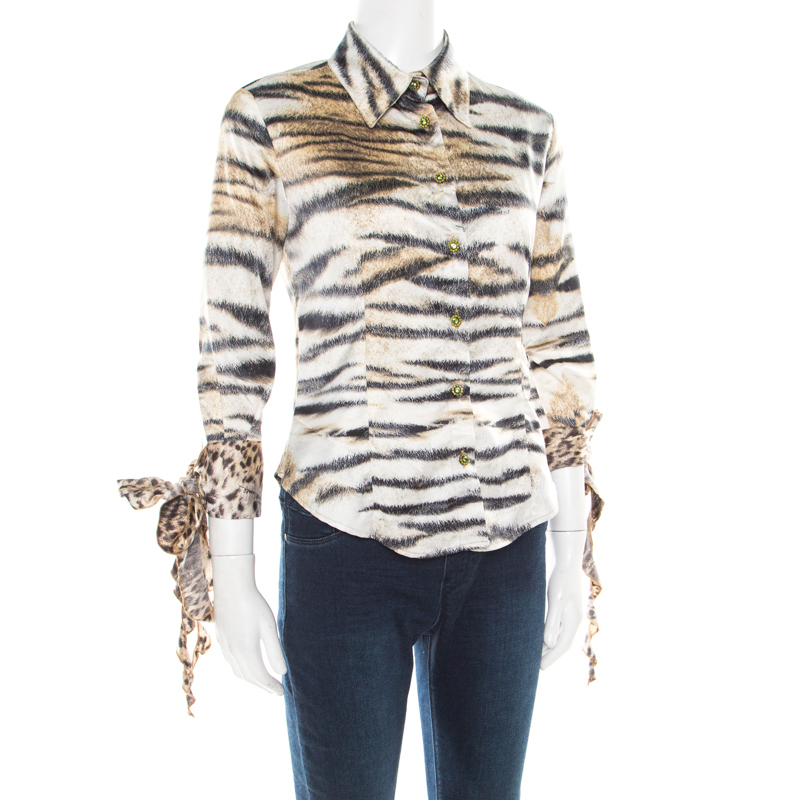 

Just Cavalli Multicolor Animal Printed Long Sleeve Tie Detail Shirt