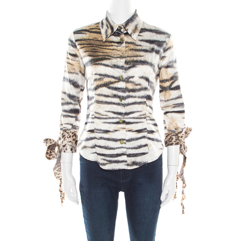 Pre Owned Just Cavalli Multicolor Animal Printed Long Sleeve Tie Detail Shirt S