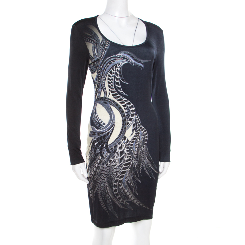 

Just Cavalli Navy Blue Feather Printed Jersey Long Sleeve Bodycon Dress