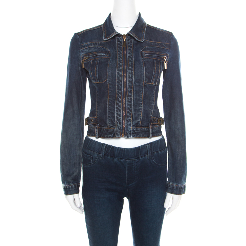 Pre Owned Just Cavalli Indigo Dark Wash Faded Effect Denim Cropped Zip Front Jacket XS