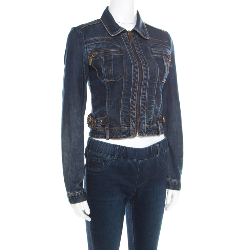 

Just Cavalli Indigo Dark Wash Faded Effect Denim Cropped Zip Front Jacket, Navy blue