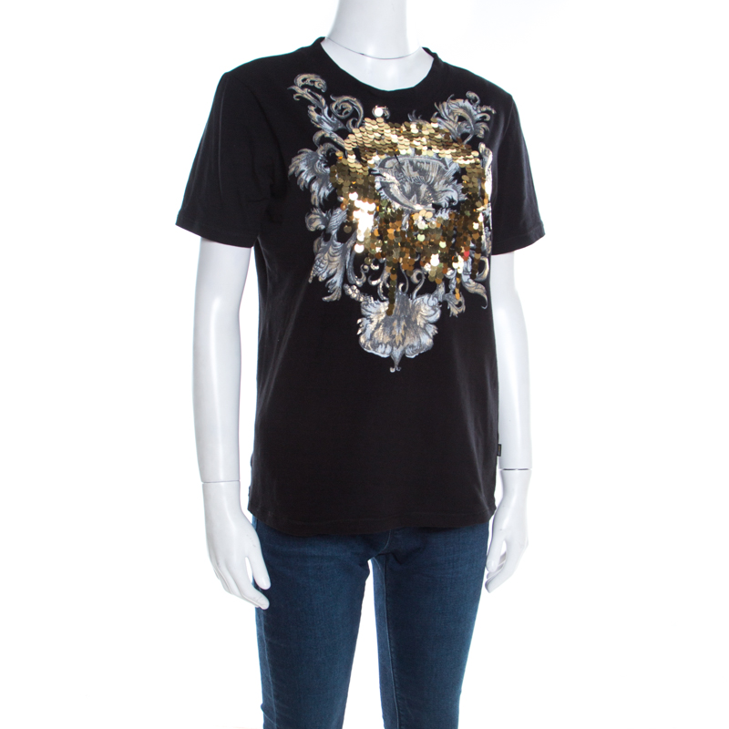 

Just Cavalli Black Cotton Jersey Sequin Paillette Embellished T-Shirt