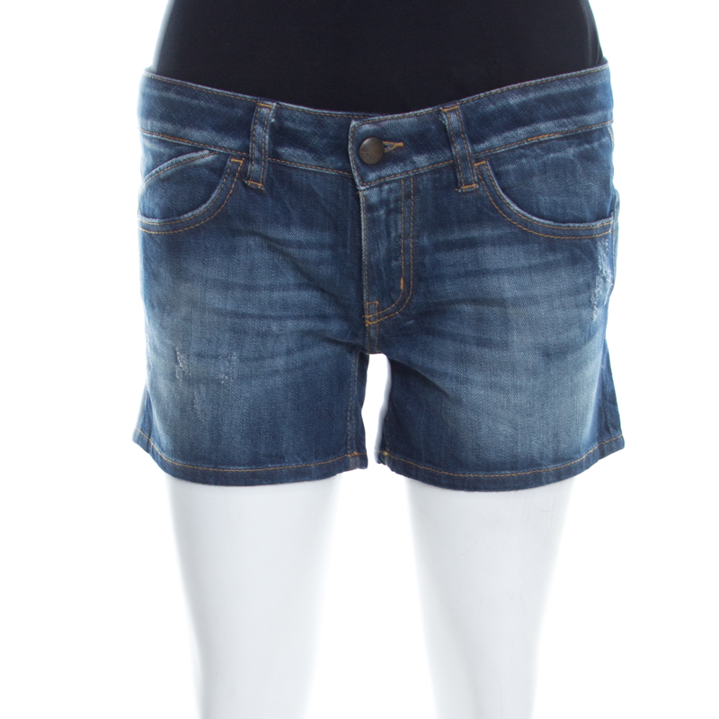 Pre Owned Just Cavalli Indigo Faded Effect Distressed Denim Mini Shorts S