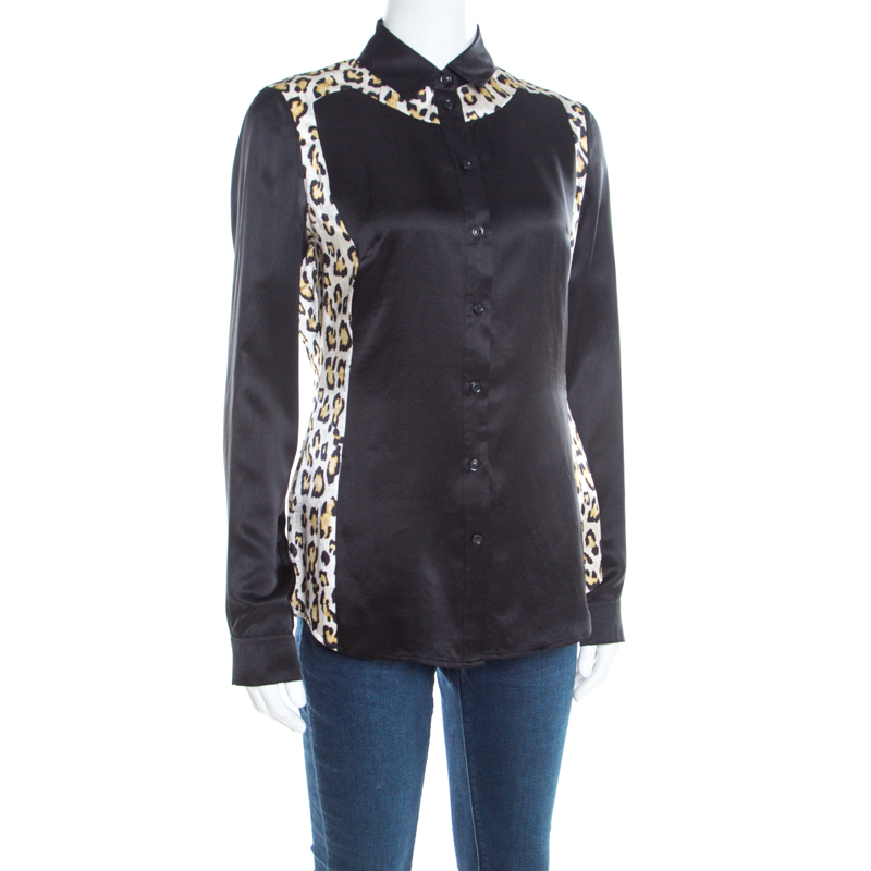 

Just Cavalli Black Satin Animal Print Paneled Long Sleeve Shirt