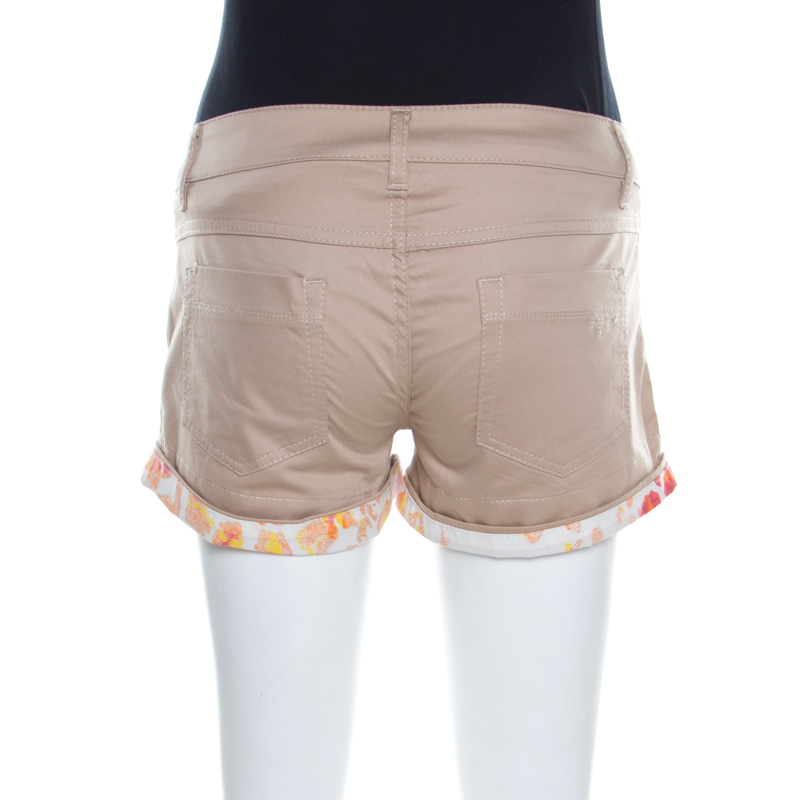 Pre-owned Just Cavalli Beige Stretch Cotton Contrast Cuff Detail Mini Shorts S