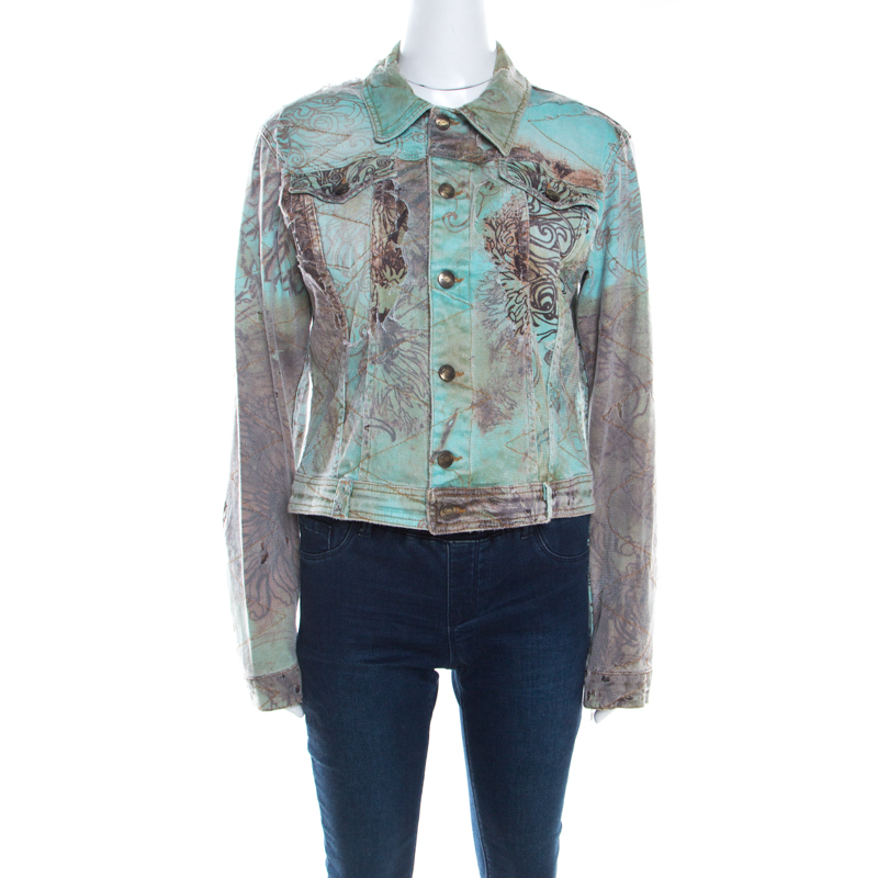 Pre Owned Just Cavalli Mint and Brown Distressed Lace Overlay Printed Denim Jacket L