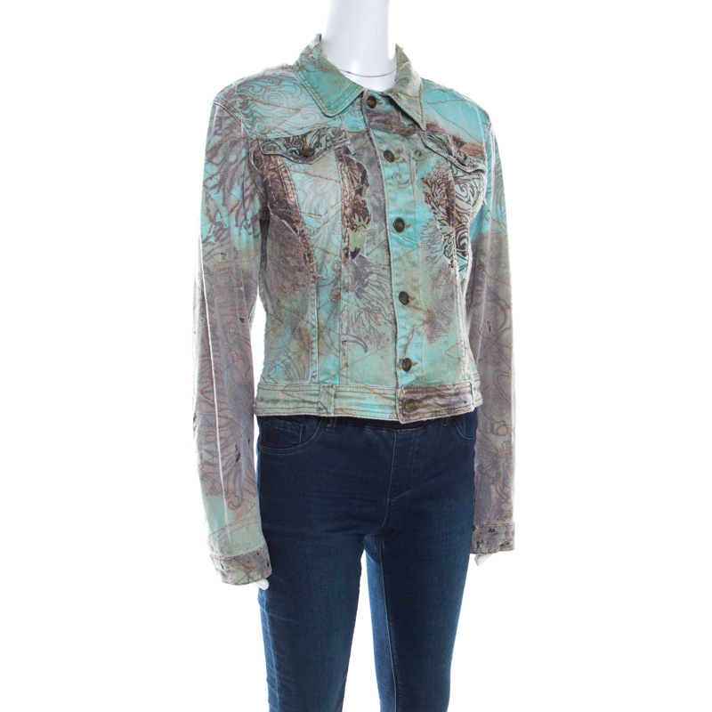 

Just Cavalli Mint and Brown Distressed Lace Overlay Printed Denim Jacket, Green