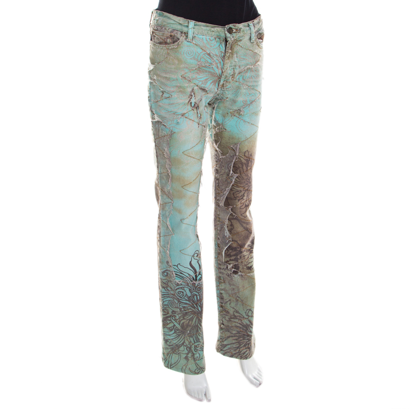 

Just Cavalli Mint and Brown Distressed Lace Overlay Printed Denim Flared Jeans, Green