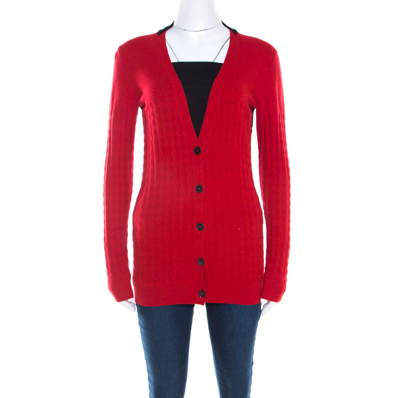 

Just Cavalli Bicolor Textured Knit Wool Button Front Cardigan XS, Red