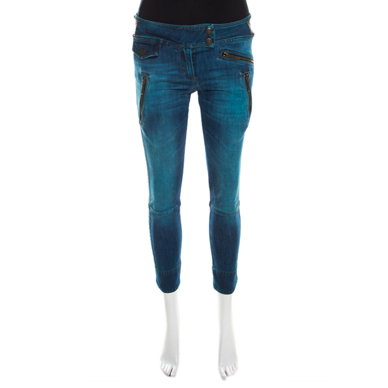 

Just Cavalli Indigo Pigment Overdyed Denim Zipper Detail Tapered Jeans S, Blue